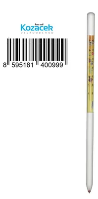 A barcode and a pen with a colorful design are shown.