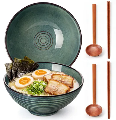 Ramen Kom Set 2x1350 ml Keramik Grün mit Stäbchen & Löffel