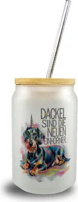Produktbild von Dackel sind die neuen Einhörner Trinkglas mit Bambusdeckel
