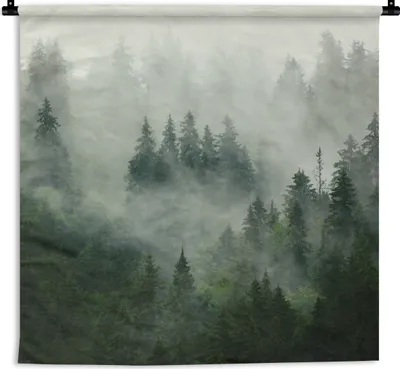 Produktbild von MuchoWow® Wandteppich Wandbehang Wald - Nebel - Bäume - Natur 60x60 cm Tapisserie Dekoration Wandtuch - Dekorationen - Wand Decke