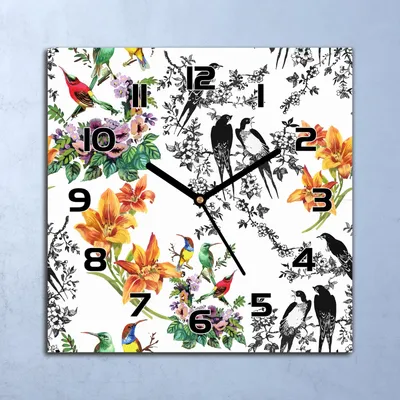 Produktbild von Wanduhr Echt-Glas-Küchenuhr Bunte Blumen & Vögel Quarz 30x30 Deko Bilder