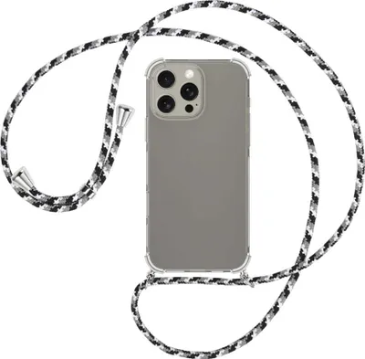 Produktbild von Handykette Backcover-Schutzhülle mit Band (Metall silberfarben) für iPhone 16 Pro Max - schwarz/grau/weiß