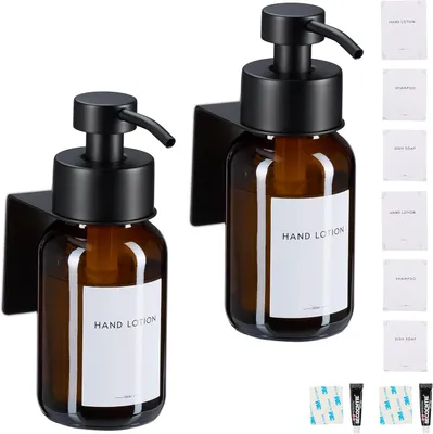 Imagen del producto de Dispensador de jabón de montaje en pared - Juego de 2 - 250 ml - Vidrio marrón - Acero inoxidable - Bomba de jabón de pared - Sin necesidad de taladrar - Marrón y