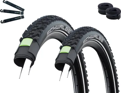 Produktbild von 2 x Schwalbe Fahrradreifen SMART SAM Plus Performance DD GreenGuard ADDIX E-50 Schwarz-Reflex 54-622 (29 x 2.10) + 2 x Schwalbe Schläuche DV19 inkl. maxxi4you Reifenheber