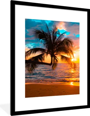 Produktbild von MuchoWow® Gerahmtes Poster Palme - Sonnenuntergang - Horizont - Strand - Meer - Tropisch 60x80 cm - Poster mit Schwarzem Bilderrahmen Wandposter Rahmen Foto Bilder - Wohnzimmer - Dekorationen - Prämie