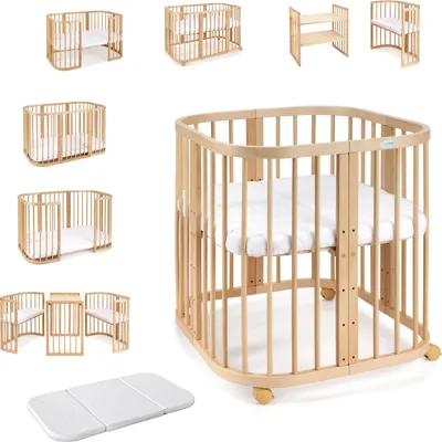 A collage of different configurations and a close-up of a wooden baby crib with a mattress.