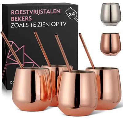 Produktbild von Omgoods – Set aus Weingläsern – 4 Weingläser aus Edelstahl, ohne Stiel – Doppelwandig – Unzerbrechlich – Wiederverwendbar – Inklusive Strohhalme und Bürste – Trinkgläser