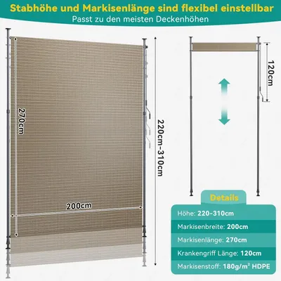 Obrázek produktu pro Venkovní rolo na ochranu před sluncem – vertikální žaluzie s upevněním na stěnu – clona na balkon/terasu z HDPE – manuální ovládání bez kabelů – 200 x 270 cm – odstín kávová hněď