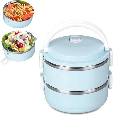 Image de Boîte à lunch Thermos pour aliments chauds - Boîte à lunch ronde empilable isolée en acier inoxydable 304 - Récipients alimentaires scellés - Double couche bleue