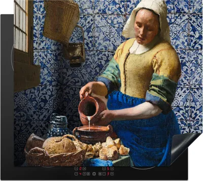 Produktbild von KitchenYeah© Herdabdeckplatte Milchmädchen - Delfter Blau - Vermeer - Gemälde - Alte Meister , 59x51cm, Küche Deko, Glaskeramikkochfeld Herdabdeckung, Abdeckplatte fùr Kochfeld