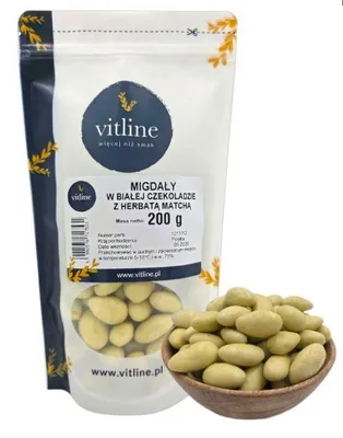 Zdjęcie produktu dla Migdały w białej czekoladzie z herbatą matchą 200 g VITLINE