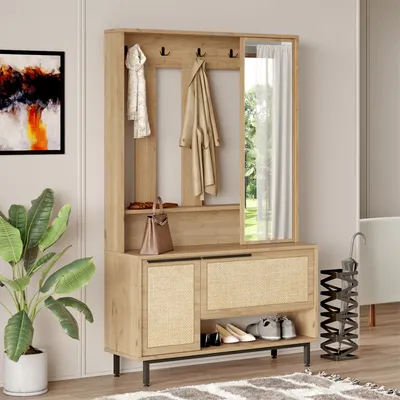 A compact wardrobe with a mirror and storage compartments, styled with a scarf and coat, a handbag, and shoes, in a home entryway setting.