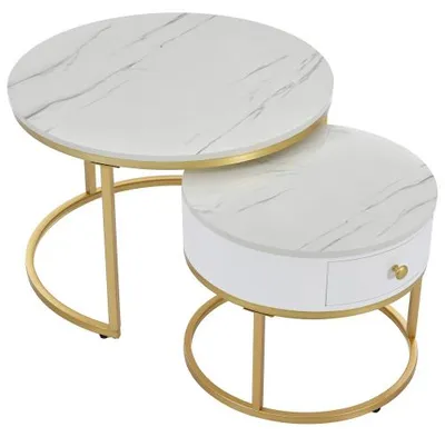 Produktbild von 70x70x48cm Weiss Moderner Nesting Couchtisch Hochglanz Marmormuster 2er Set Runde Beistelltische