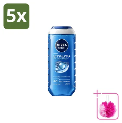 Produktbild von 5 x Nivea Men Vitality 3-in-1 Duschgel - 250 ml - Sparpackung - 5 Stücke