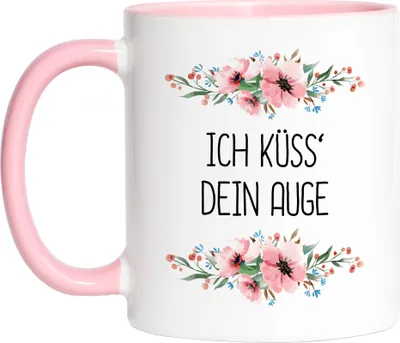 Produktbild von Tasse Rosa mit Spruch Küsse dein Auge lustig sarkastisch humorvoll Kaffeetasse mit Blumen Motiv Geschenk