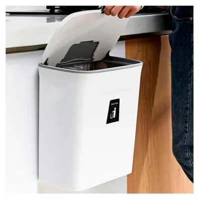 Produktbild von Küchenmülleimer, 9L Hängemülleimer mit Schiebedeckel, Komposteimer für die Küche, Weiß, Abfalleimer für Waschtisch, Wohnzimmer, Küche, Badezimmer, 23,7 x 13 x 29,5 cm