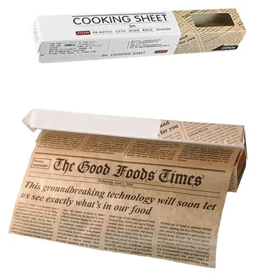 Produktbild von Backpapierrolle, Antihaftbeschichtung, mit Zeitungsdruck, ideal als Geschenkverpackung zum Backen von Keksen, Brot, Pizza, Fleisch und Gemüse.