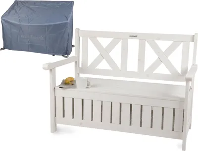 Image de needs&wants® Banc de jardin en bois résistant aux intempéries avec espace de rangement et couverture, 2 places banc de coffre en bois classique, banc de parc banc massif jardin extérieur avec coffre, 115x58x85 cm, bois naturel massif, blanc