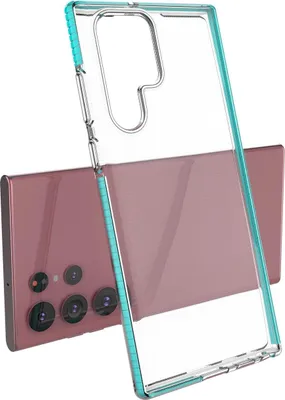 A clear phone case is shown with a pink phone behind it.