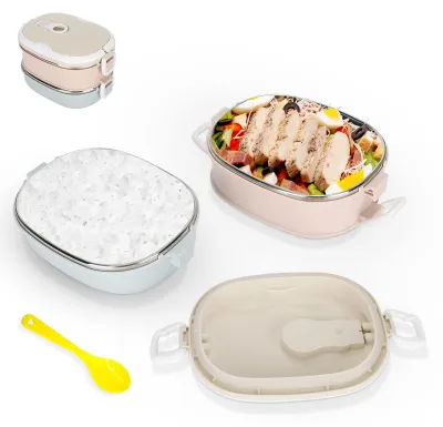 Immagine prodotto di Contenitore per il pranzo in acciaio inossidabile - Bento - Contenitore per alimenti - Isolamento termico - 2 scomparti - Portatile con maniglia - Scatola per bento