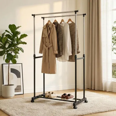 Produktbild von Mobiler Kleiderständer mit Doppel-Kleiderstange - 80 cm Breite - Höhenverstellbar von 90 bis 160 cm - Stabiler Garderobenständer für Ihre Kleidung