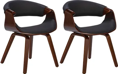 Two modern dining chairs with dark upholstery and curved wooden frames.
