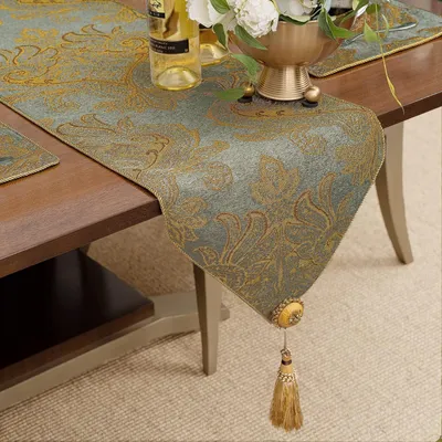 Immagine prodotto di Runner da tavolo con frange, tessuto jacquard, 33x180 cm, colore blu