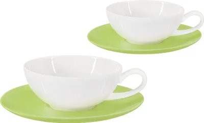 Produktbild von Buchensee Teetassen Porzellan / Teetassen Set Lena mit rundem Unterteller, 2 Tassen je 200ml, weiß/grün, Crystal Bone China