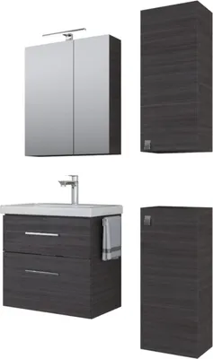 A set of bathroom furniture including a medicine cabinet, a vanity with sink and faucet, and two tall cabinets, displayed against a white background.