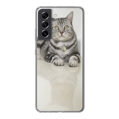 Produktbild von MuchoWow® Handyhülle Schutzhülle Hülle für Samsung Galaxy S21 FE Katze - Grau - Tier - Mädchen - Kinder - Jungen - Kind Silikon Softcase Handy Hülle - Mobiltelefonhülle