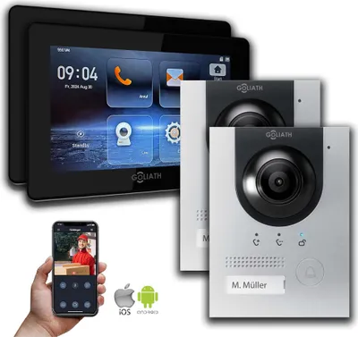 Produktbild von IP Gegensprechanlage | 7 Zoll Monitor | 2x Außenstation Silber : 2 Monitore : 7 Zoll Schwarz : Unterputzdose Monitor Anzahl: 2 Monitore Monitor Farbe: 7 Zoll Schwarz Montage: Unterputzdose