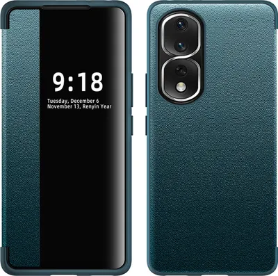 Image de Etui pour Honor 80 Pro Etui plat et fin en cuirPolyuréthaneavec fenêtre d'affichage vert