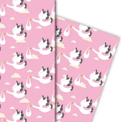 Produktbild von Baby Geschenkpapier mit Störchen, rosa - G4825, 32 x 48cm