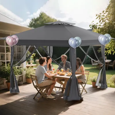 Produktbild von YZNAHRE Pavillon 3x3 Pop up Stabil Winterfest Partyzelt Faltpavillon Höhenverstellbar mit Doppeldach und 4 Moskitonetz Seitenteilen Pavillion Gartenpavillon inkl. Tragetasche, Anthrazit