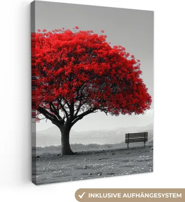 Produktbild von Leinwand Bilder 60x80 cm - Lebensbaum - Rot - Natur - Schwarz-Weiß, Bilder, Wanddeko Wohnzimmer