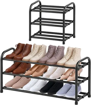 Zdjęcie produktu dla Stojak na buty 3 poziomy, rozsuwany 43-78 cm, czarny metal, oszczędzający miejsce do przedpokoju