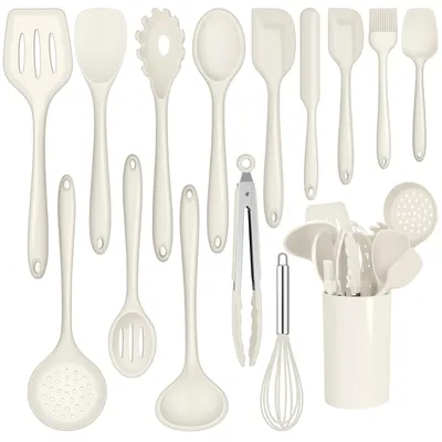 Image de Ensemble de 15 ustensiles de cuisine en silicone - Résistant à la chaleur et lavable au lave-vaisselle - Blanc