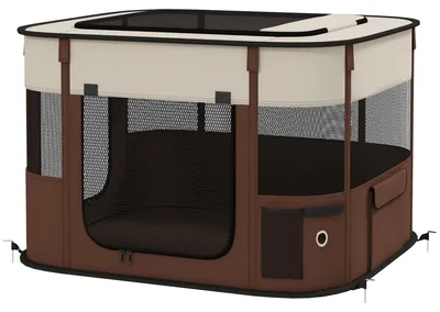 Produktbild von Laufstall fš¹r Haustiere mit 6 Fenstern, 3 Tš¹ren und 2 Aufbewahrungstaschen, Polyester und Stahl, 74 x 60 x 45 cm, Braun