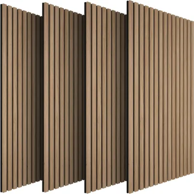 Four panels of wooden acoustic wall panels are shown in a studio setting.
