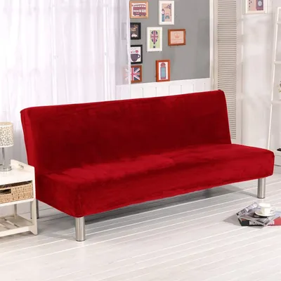 Image de Topchances Housse de Canapé, Couleur Solide, Sans Accoudoirs, Tissu Peluche, Housse de Canapé, Protection, Convient au Canapé-lit Pliable Sans Accoudoirs (Rouge)