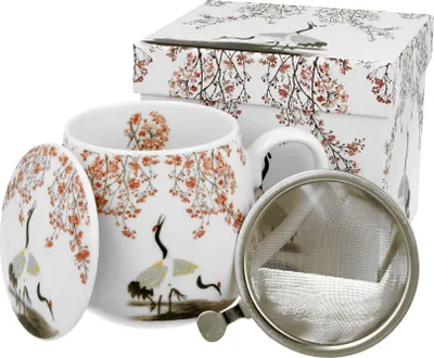 Produktbild von DUO ART GALLERY Fassbecher 430 ml SAKURA & CRANES mit Teesieb, New Bone China Porzellan