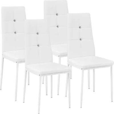 Four white dining chairs with silver legs are shown from the front.