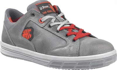 A single grey leather safety shoe with red and grey laces, shown from a side-angle.