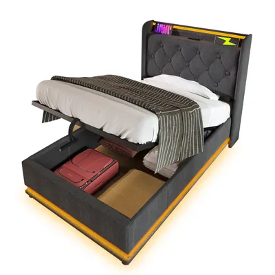 Produktbild von Polsterbett einzelbett,360-Surround-LED-Funktion, Drucktaste/App/Fernbedienung,90*200 cm, Grau Leinen-Material Hydraulisches Lagerbett, gepolstertes