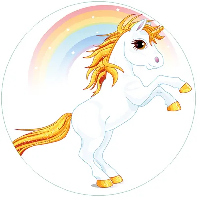 Produktbild von Wallario Premium Glasbild, freischwebende Optik, kräftige Farben, rund 50cm Durchmesser, Motiv Weißes Einhorn vor einem Regenbogen