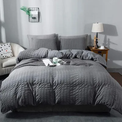 Produktbild von Bettwäsche Set Seersucker Grau 220x240cm 2x 80x80cm Atmungsaktiv Kühlend Mikrofaser  100