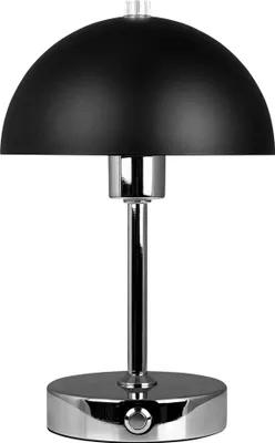 A black and chrome table lamp with a dome-shaped shade.