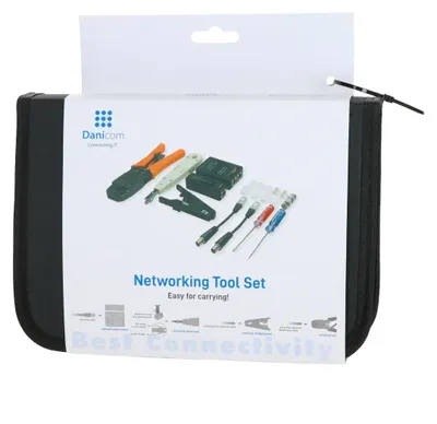 Produktbild von Profi Netzwerk-Werkzeugset in Werkzeugtasche mit LSA Auflegewerkzeug, Kabeltester und Kabelschneider für RJ11, RJ12, RJ45 Cat5e