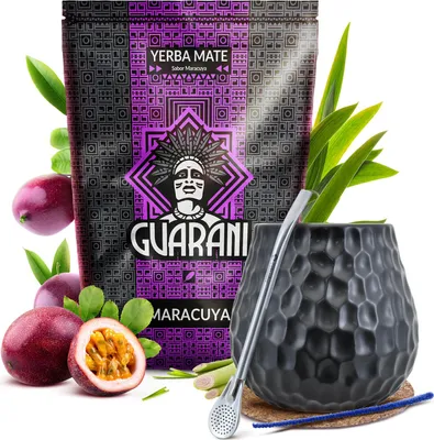 Produktbild von Guarani - Mate Tee Set Maracuya 500g - Mate Becher Keramik Wabe Dunkel 400ml - Mercedes Bombilla - Rauchig - Intensive Yerba Mate - Paraguay