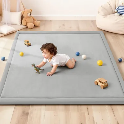Produktbild von Caveen Baby Spielmatte 127x127cm 3cm Dicke Krabbelmatte Flanell Weich Rutschfest Spielteppich für Babys Kinder, Hellgrau